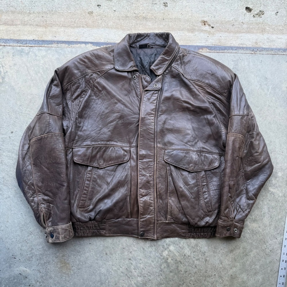 Vintage Brown Leather Bomber Jacket Mens Medium Paisley Lined Flight Coat Korea
